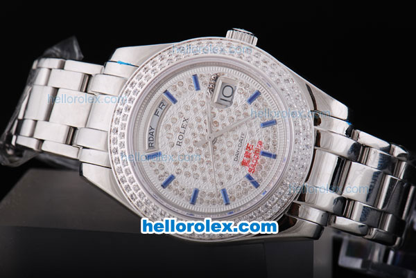 Rolex Day-Date Oyster Perpetual Automatic Full Diamond Bezel and Dial,Blue Marking and Big Calendar - Click Image to Close